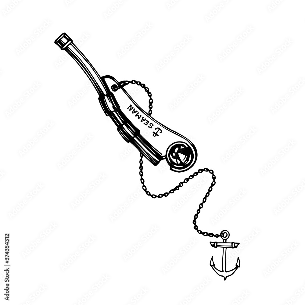 old copper marine whistle with anchor on a chain, for sailors