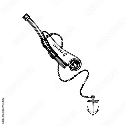 old copper marine whistle with anchor on a chain, for sailors & boatswain, vector illustration with black ink lines isolated on a white background in a doodle & hand drawn style