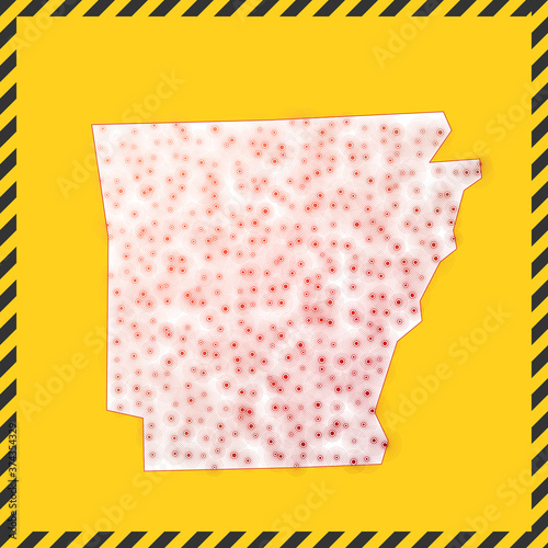Arkansas closed - virus danger sign. Lockdown US state icon. Black striped border around map with virus spread concept. Vector illustration.