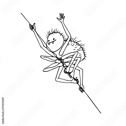 cute funny spider crawls on cobweb thread, symbol of ropewalkers & halloween holiday, vector illustration with black ink contour lines isolated on a white background in a cartoon & hand drawn style