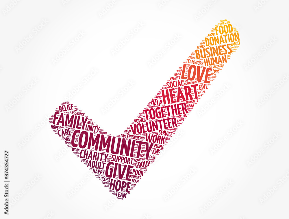 Community check mark word cloud collage, social concept background