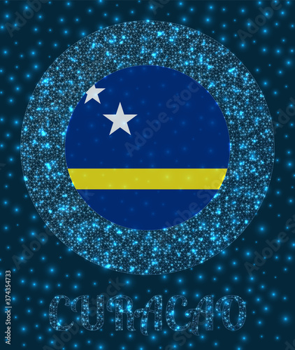 Round Curacao badge. Flag of Curacao in glowing network mesh style. Country network logo. Captivating vector illustration.