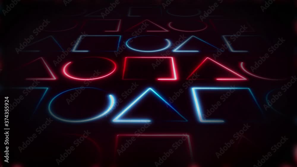 Abstract Neon Fx Geometric Light Stroke Background Loop/ 4k animation of an abstract technology background with glowing circles, squares and triangles shapes circular trimming path and looping