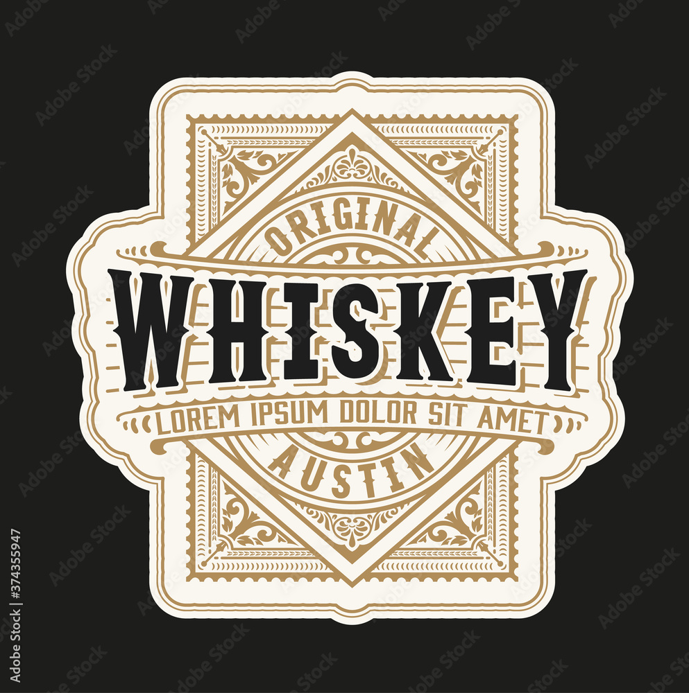 Vintage Whiskey Label Over Dark Background. Floral and Retro Ornaments