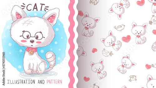 Cute love kitty - seamless pattern © HandDraw