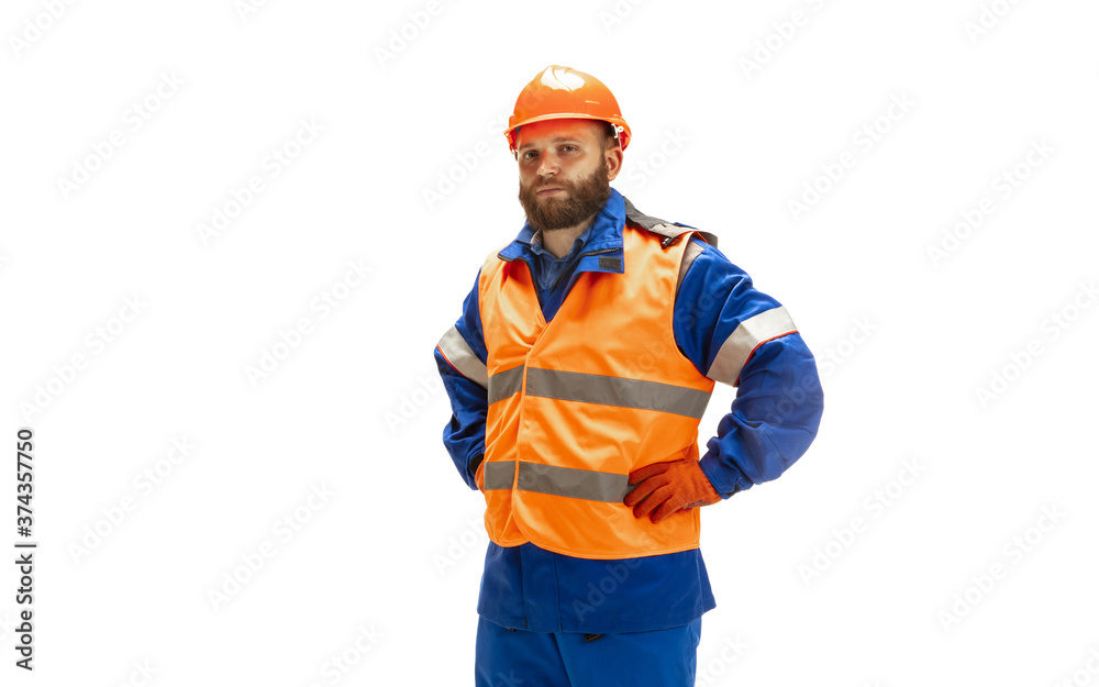 Handsome contractor, builder isolated over white studio background. Concept of professional occupation, work, job, building, investment. Copyspace for ad, text. Caucasian man wearing equipment. Handsome contractor, builder isolated over white studio background. Concept of professional occupation, work, job, building, investment. Copyspace for ad, text. Caucasian man wearing equipment.