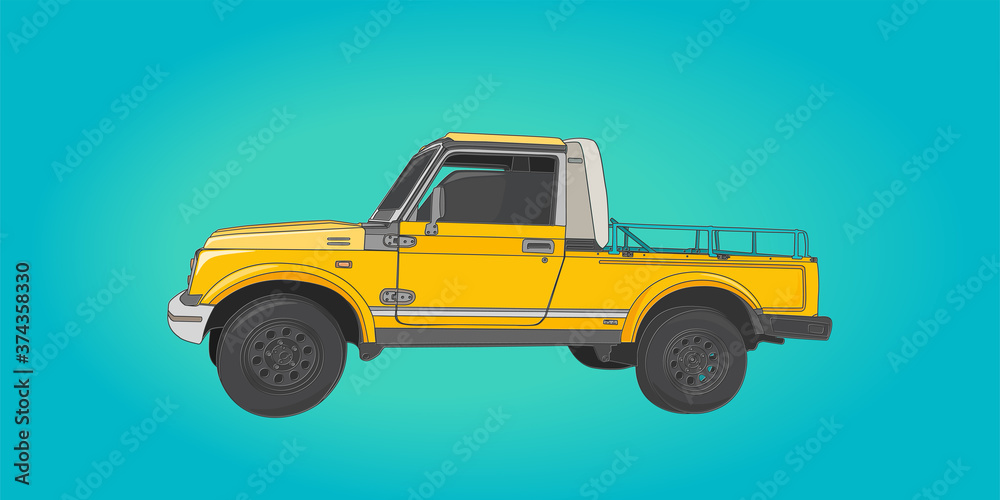Vector illustration of a retro car, yellow pickup. Retro car side view on background. For design, advertising, blogging, banner