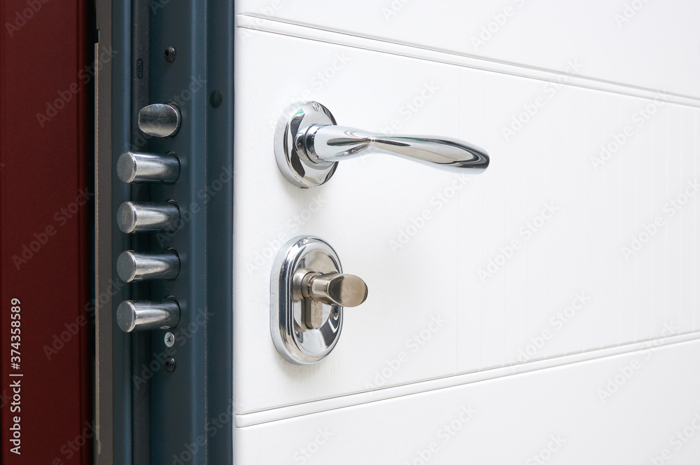 Obraz premium details entrance door finished with wood veneer AND stone blue white steel color 