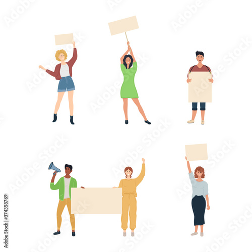Crowd of protesting people holding banners and placards. Political revolution manifesting activists, vector manifestation holding message concept