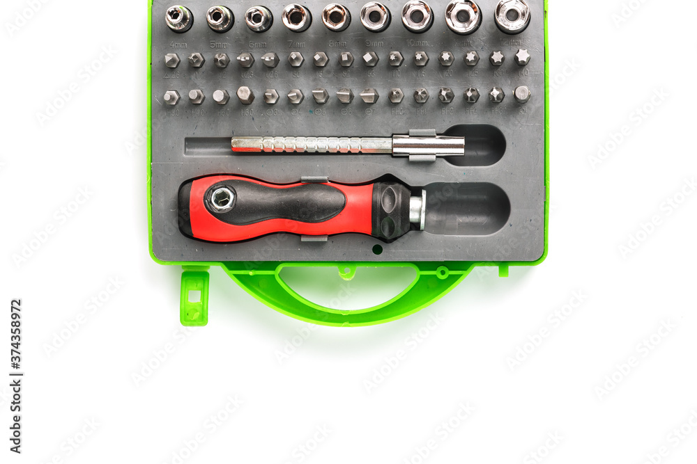Tool box with attachments and bits of different shapes and sizes. Isolate, free space. Tool box with attachments and bits of different shapes and sizes. Isolate, free space.