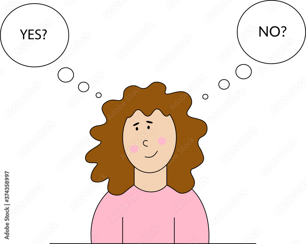 Vector illustration of the thinking woman, hesitating and making a decision between yes or no. Words appear in bubble speeches. Vector illustration of the thinking woman, hesitating and making a decision between yes or no. Words appear in bubble speeches.
