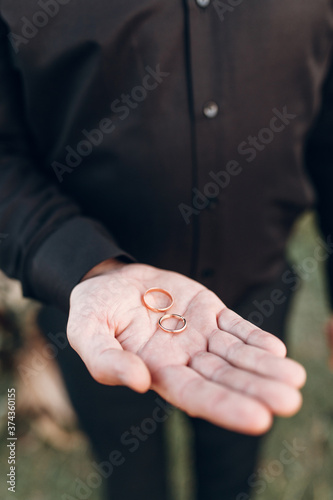 A newly married couple shows off their wedding rings. Rings on the palm of the groom.