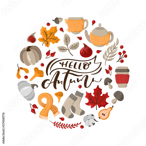 Hello Autumn Vector Calligraphy lettering text. Round background frame wreath with yellow leaves, pumpkin, mushrooms and autumn symbols