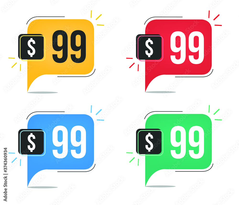 99 dollar price. Yellow, red, blue and green currency tags with speech balloon concept vector. 99 dollar price. Yellow, red, blue and green currency tags with speech balloon concept vector.
