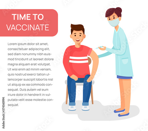 Doctor woman giving a free flu vaccination shot to the arm of a male patient. Vector isolated cartoon illustration.