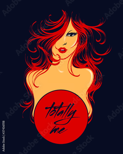 Beautiful woman with long, wavy hairstyle and elegant makeup.Style, beauty salon and hairdresser  logo.Cosmetics and spa icon.Young lady portrait.Cute face.Front view.Red hair.
