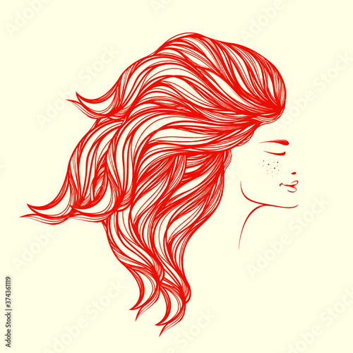 Beautiful woman with long, wavy hairstyle and elegant makeup.Style, beauty salon and hairdresser  logo.Cosmetics and spa icon.Young lady portrait.Cute face.Profile view.Red hair.