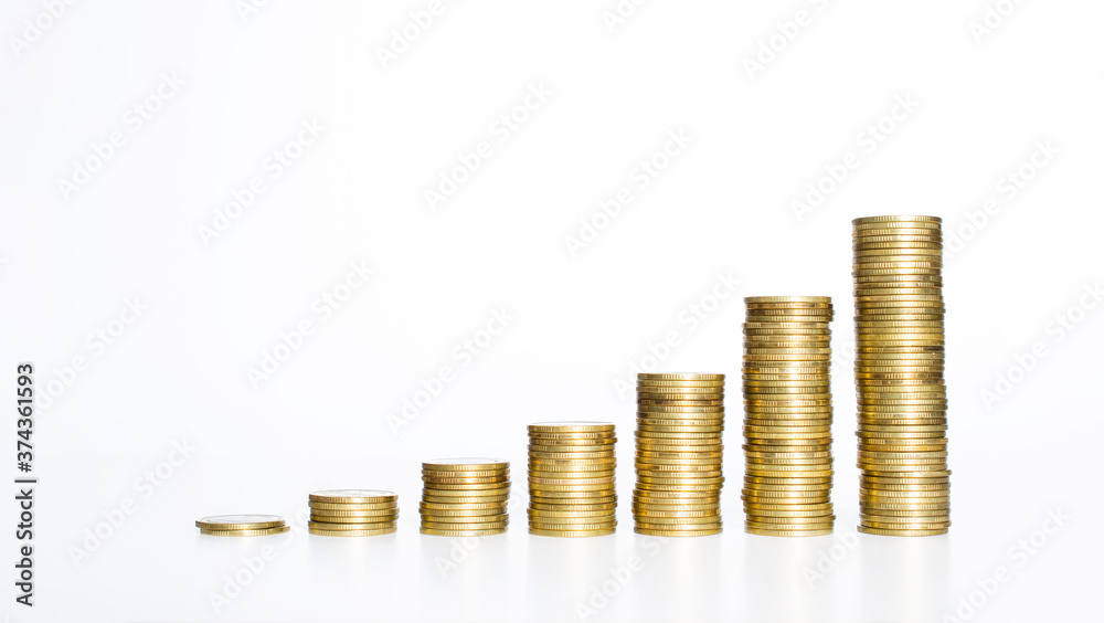 golden coin stack growth up isolated on white background with clipping path. money saving, financial grow, business startup, economy budget and investment concept. golden coin stack growth up isolated on white background with clipping path. money saving, financial grow, business startup, economy budget and investment concept.