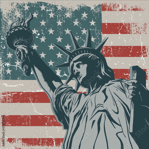 Statue of Liberty symbol of New York and the US flag