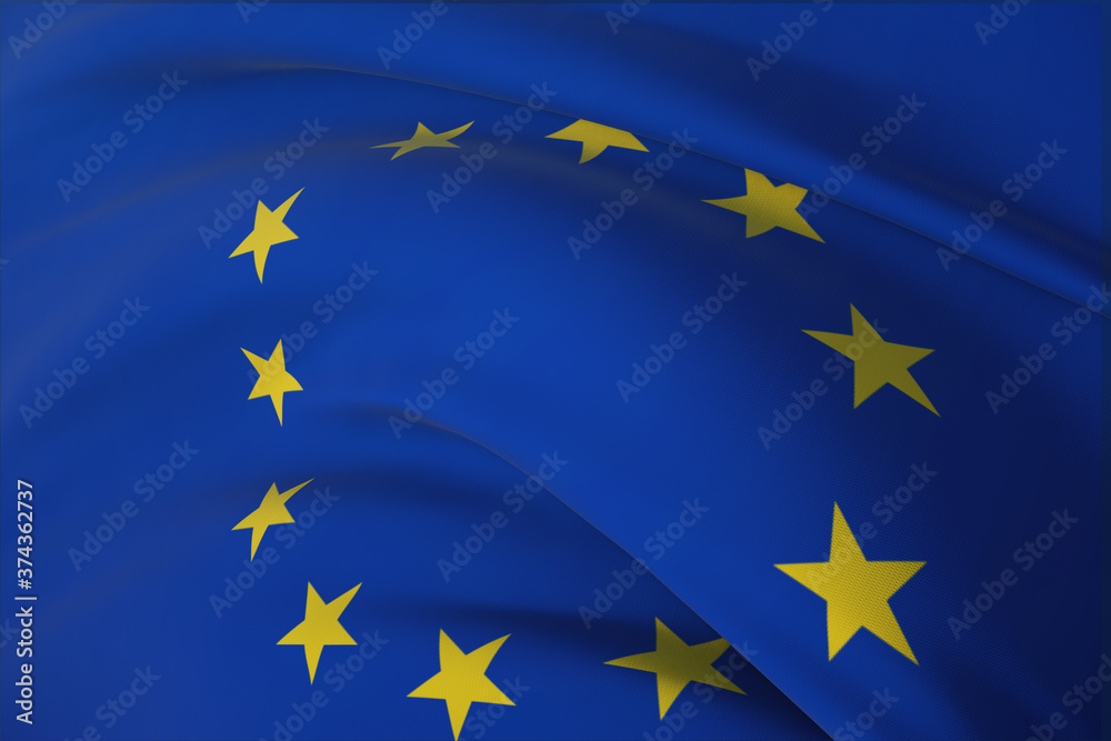 Waving flags of the world - Official EU flag. European Union Flag. Closeup view, 3D illustration.