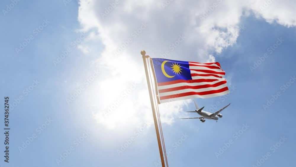 Flag of Malaysia Waving with Airplane arriving or departing, Realistic Animation Flag of Malaysia Waving with Airplane arriving or departing, Realistic Animation