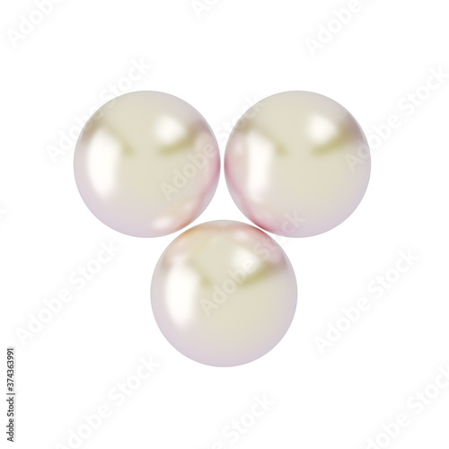 Three large pearls on a white background. 3D rendering