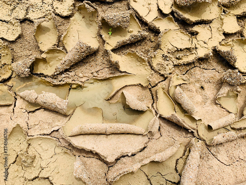 The surface of dry land with many cracks. Ground surface peel off from hot temperature.