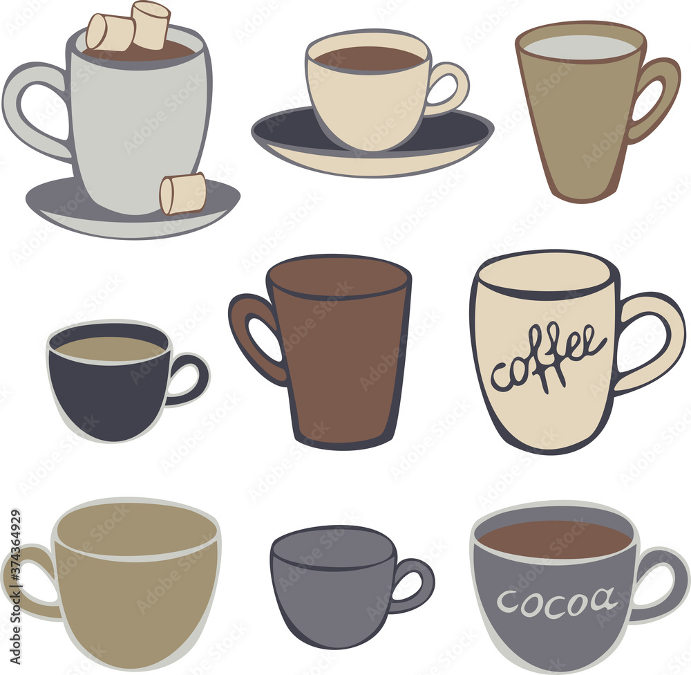 Set of nine different cups. Mugs with coffee and cocoa vector illustration collection. Set for coffee house. Set of nine different cups. Mugs with coffee and cocoa vector illustration collection. Set for coffee house.