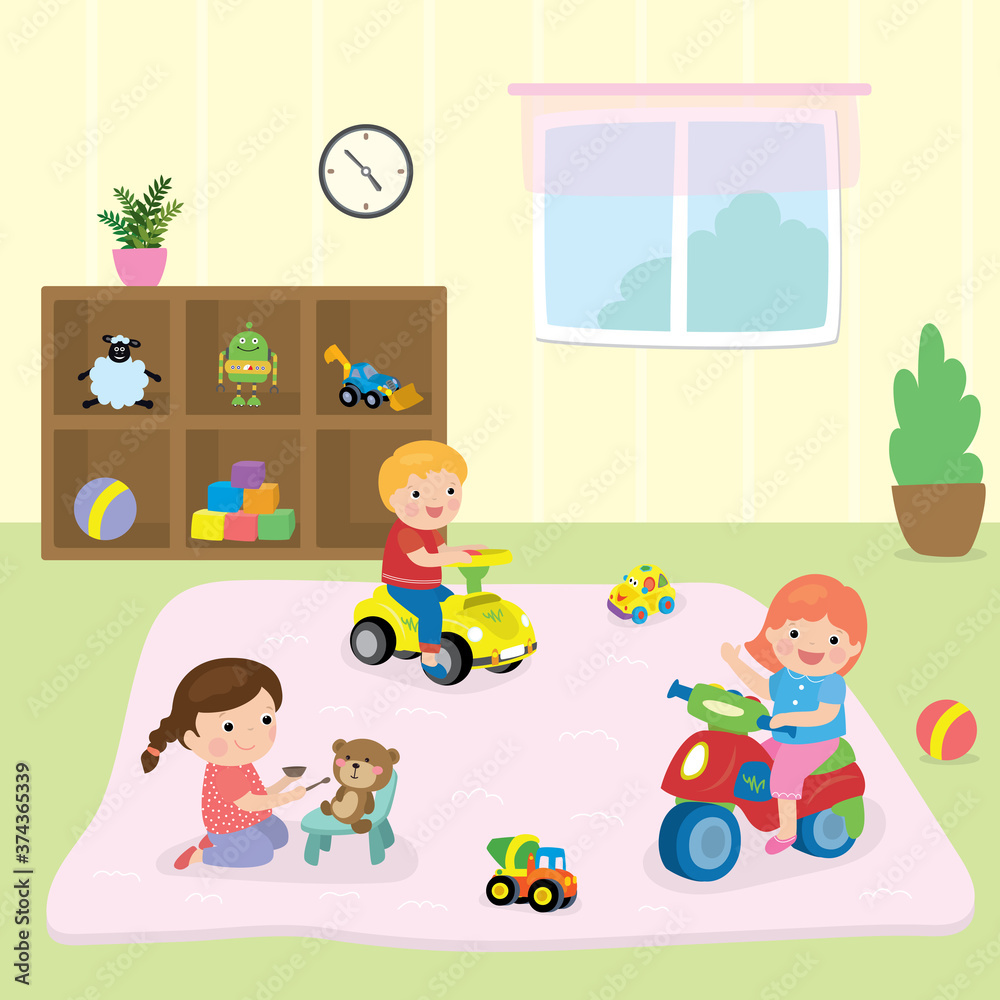 Cute and happy caucasian children playing toys. Various cartoon beauty kids in playroom.