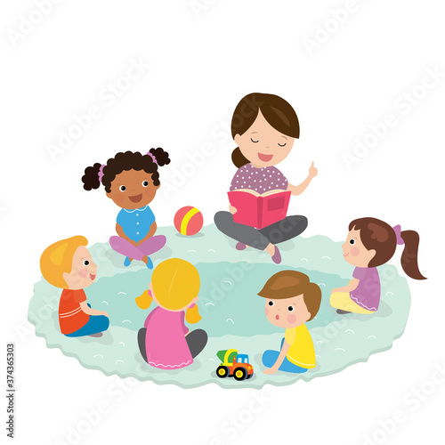 Elementary students and teacher. Children education and upbringing in the kindergarden.