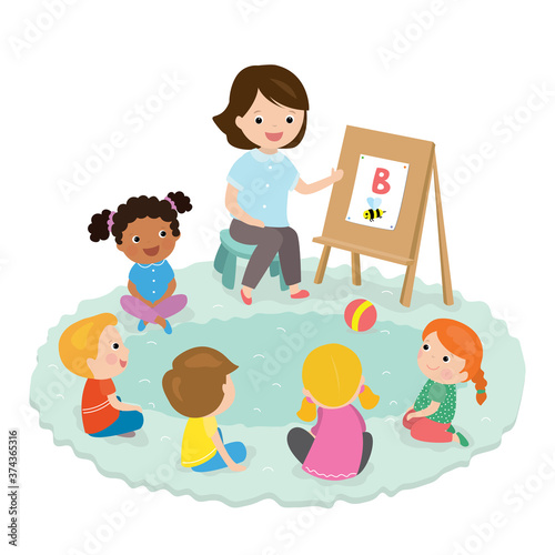 Elementary students and teacher. Children education and upbringing in the kindergarden.