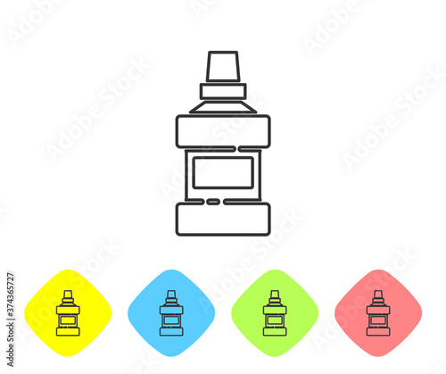 Grey line Mouthwash plastic bottle and glass icon isolated on white background. Liquid for rinsing mouth. Oralcare equipment. Set icons in color rhombus buttons. Vector.