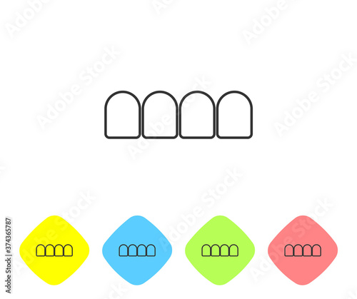 Grey line Dentures model icon isolated on white background. Teeth of the upper jaw. Dental concept. Set icons in color rhombus buttons. Vector.