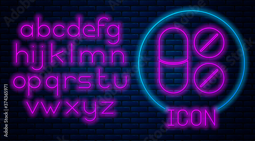 Glowing neon Toothache painkiller tablet icon isolated on brick wall background. Tooth care medicine. Capsule pill and drug. Pharmacy design. Neon light alphabet. Vector.