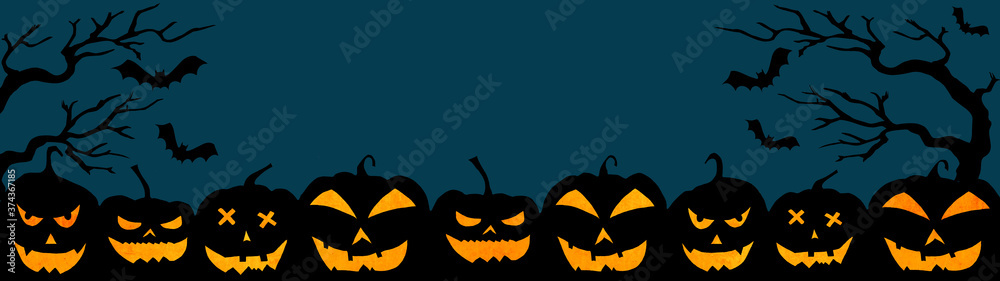 Naklejka premium HALLOWEEN background banner wide panoramic panorama template -Silhouette of scary carved luminous cartoon pumpkins trees and bats isolated on dark blue texture