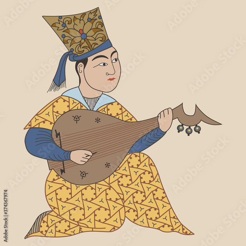 Medieval Muslim Arab musician playing the lute. Vintage motif. Iranian poet.