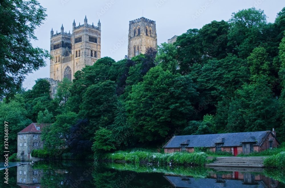 Durham Cathedral Floodlit at Dusk Over River Wear‏