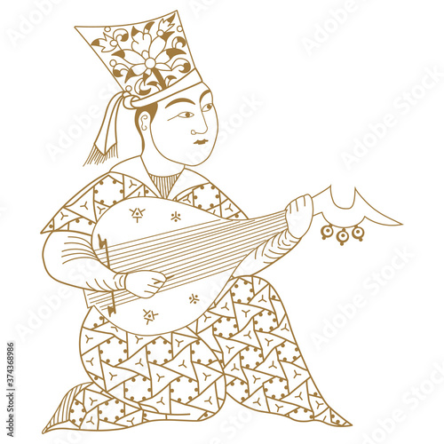 Medieval Iranian prince playing the lute. Persian miniature style. Oriental musician. Monochrome silhouette.	
