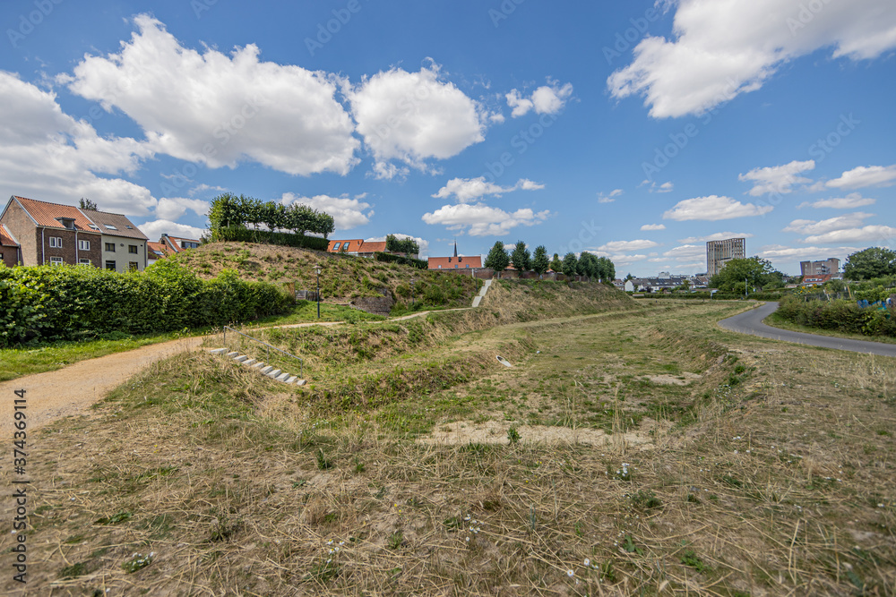 Panoramic view of Fort Sanderbout, former stronghold in the Sittard fortifications and is the last bastion of the city built in 1500, a sunny summer day in South Limburg, Netherlands