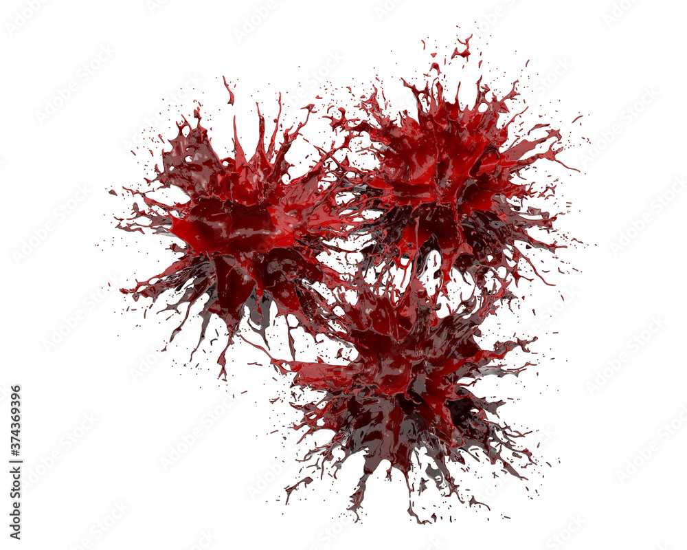 Round splashes of burgundy paint on a white background. 3D rendering