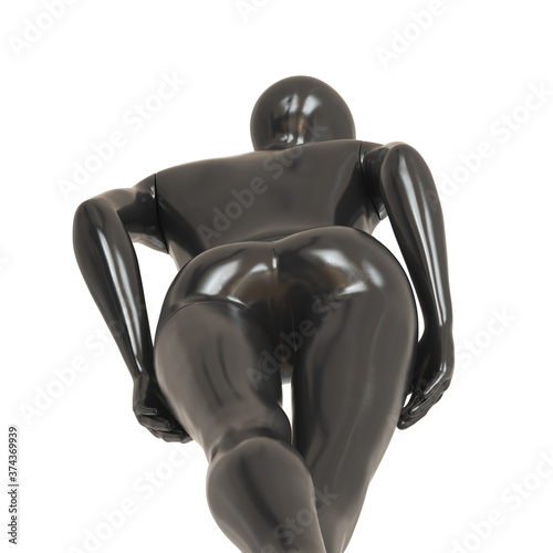 A black female plastic mannequin stands on a white background with her back turned. 3d rendering