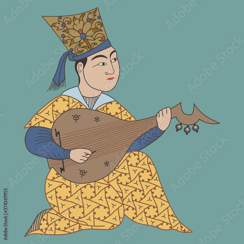 Medieval Muslim Arab musician playing the lute. Vintage motif. Iranian poet.