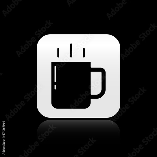 Black Coffee cup icon isolated on black background. Tea cup. Hot drink coffee. Silver square button. Vector.