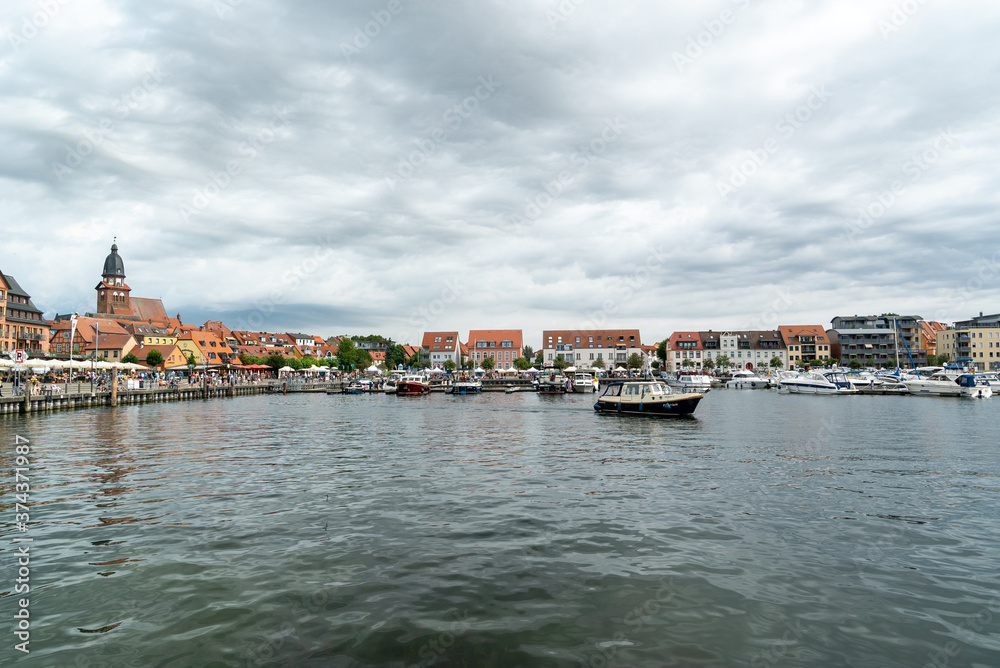 the harbor and old town of Waren on Lake Mueritz in Germany
