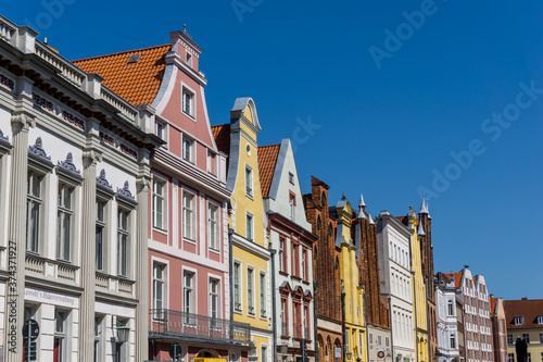detail view of classic Stralsund old town city center house fronts
