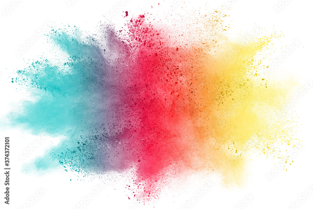 Obraz premium Colorful powder explosion on white background. 