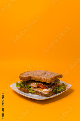 vegan sandwich with crumb bread on a plate orange background