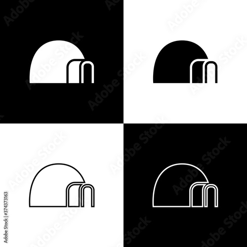 Set Igloo ice house icon isolated on black and white background. Snow home, Eskimo dome-shaped hut winter shelter, made of blocks. Vector.