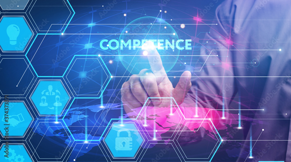 Business, Technology, Internet and network concept. Young businessman working on a virtual screen of the future and sees the inscription: Business, Technology, Internet and network concept. Young businessman working on a virtual screen of the future and sees the inscription: