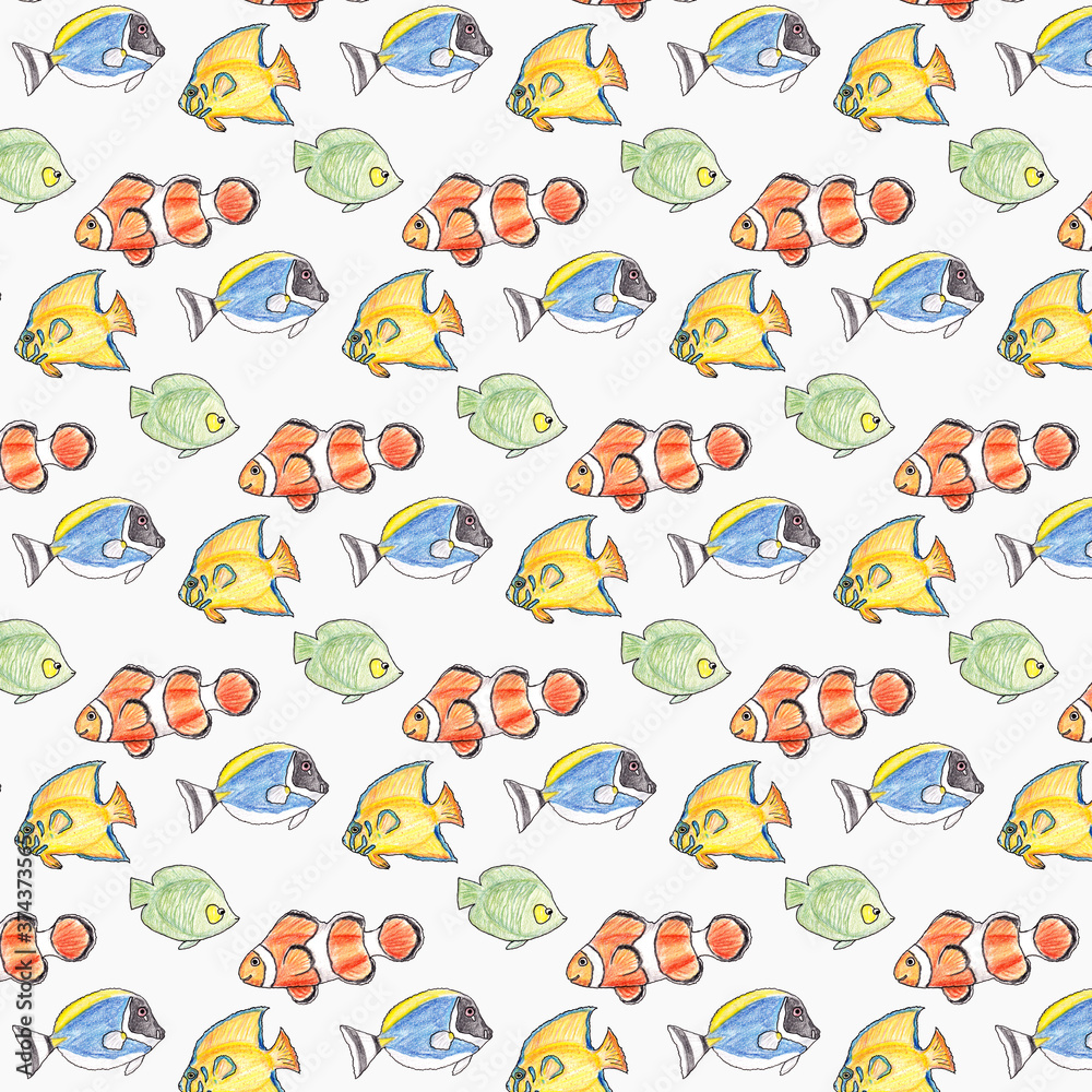 Obraz premium Hand drawn seamless pattern with colorful fishes on a white background.